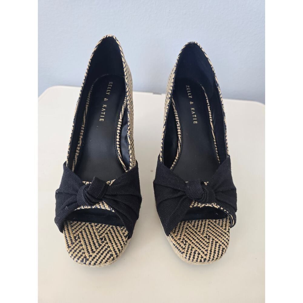 Kelly & Katie Black Espadrille Wedges Size 9.5M Peep Toe Boho Chic Woven Raffia - Picture 6 of 7